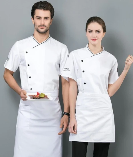 2023 Nuovo abbigliamento da lavoro da cucina per hotel di alta qualità con tasche e bottoni a contrasto, divisa da chef a maniche corte per uomo e donna